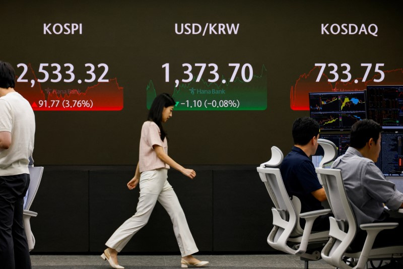 © Reuters. FILE PHOTO: A currency dealer walks in front of an electronic board showing the Korean Composite Stock Price Index (KOSPI) in the dealing room of a bank in Seoul, South Korea, August 6, 2024. REUTERS/Kim Soo-hyeon/File Photo