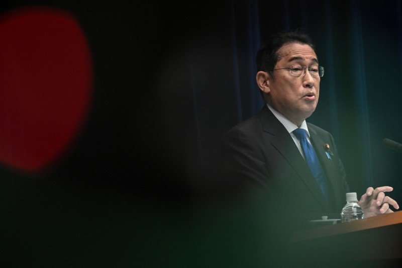 &copy; Reuters. Japan's Prime Minister Fumio Kishida speaks during a press conference at the prime minister's office in Tokyo on August 14, 2024. Kishida confirmed on August 14 that he will not seek re-election as head of his party next month, meaning the end of his prem