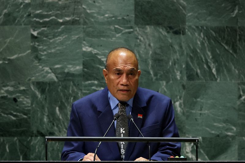 © Reuters. FILE PHOTO: President of Kiribati Taneti Maamau addresses the 78th Session of the U.N. General Assembly in New York City, U.S., September 21, 2023. REUTERS/Brendan McDermid/File Photo