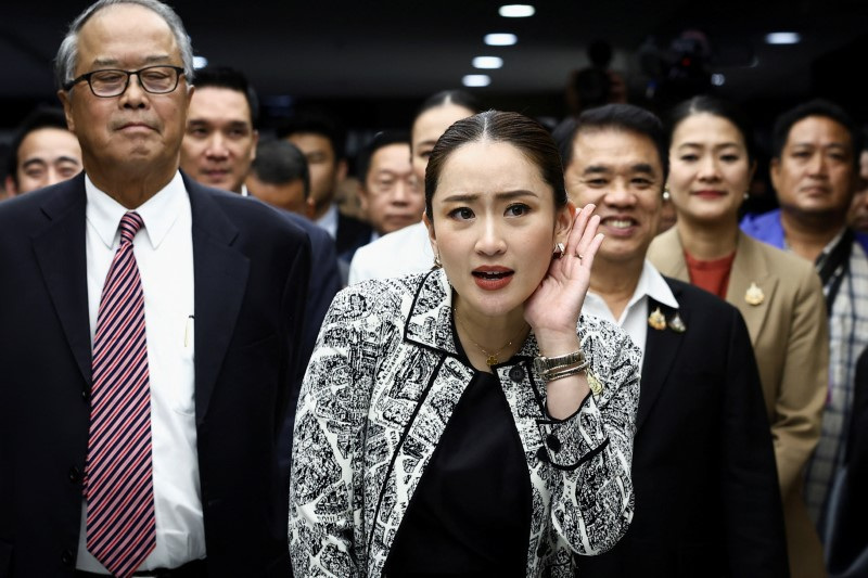 &copy; Reuters. Pheu Thai Party's leader and Prime Minister candidate Paetongtarn Shinawatra reacts after a press conference on the announcement of prime ministerial candidate ahead of a pivotal parliamentary vote on a new prime minister, in Bangkok, Thailand, August 15,