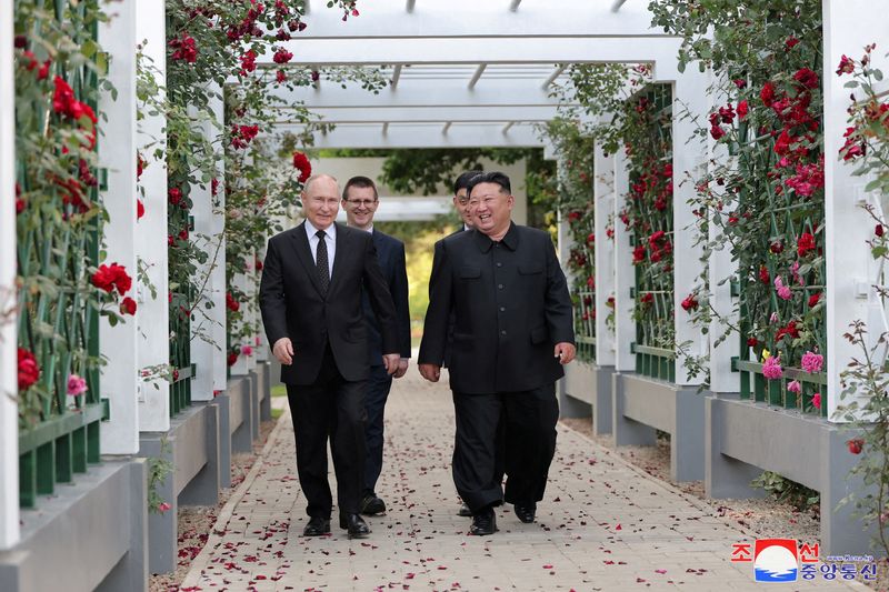 © Reuters. FILE PHOTO: Russia's President Vladimir Putin and North Korea's leader Kim Jong Un react during a walk in the garden of the Kumsusan Guesthouse in Pyongyang, North Korea in this image released by the Korean Central News Agency June 20, 2024. KCNA via REUTERS/File Photo