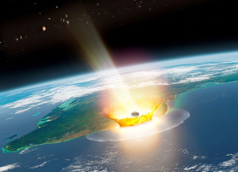 &copy; Reuters. Ilustração artística de um grande impacto de asteróide em Chicxulub, na costa do México, que causou a extinção em massa do Cretáceo há 66 milhões de anos, com o planeta Marte e corpos de asteróides ao fundo nesta imagem obtida pela Reutersn14/0