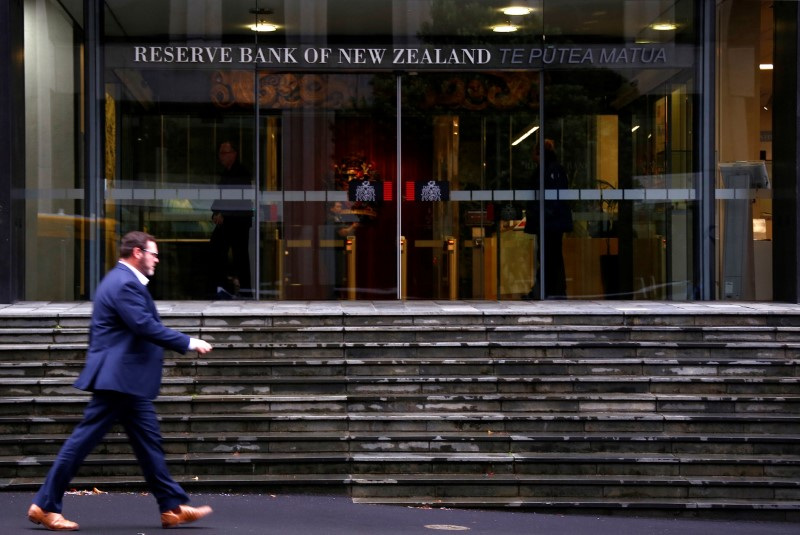 © Reuters. FILE PHOTO: A pedestrian walks past the main entrance to the Reserve Bank of New Zealand located in central Wellington, New Zealand, July 3, 2017. Picture taken July 3, 2017. REUTERS/David Gray/File Photo