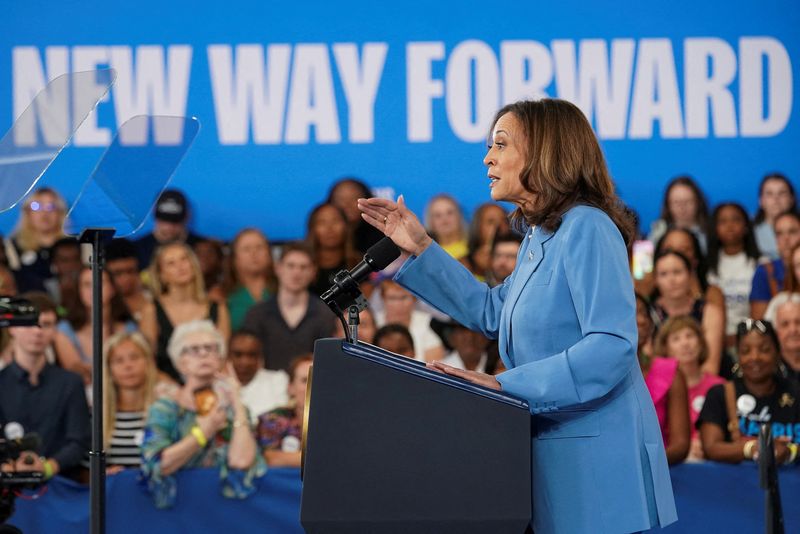 &copy; Reuters. U.S. Vice President and Democratic presidential candidate Kamala Harris speaks, during an event at the Hendrick Center for Automotive Excellence in Raleigh, North Carolina, U.S., August 16, 2024. REUTERS/Kevin Lamarque/File Photo