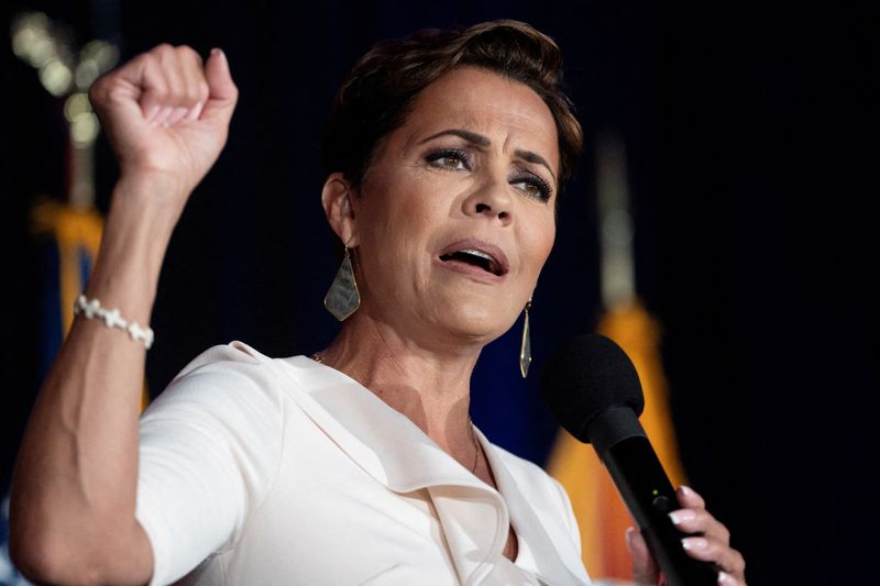 &copy; Reuters. FILE PHOTO: Arizona Republican U.S. Senate candidate Kari Lake gives her victory speech after winning the primary during her election night watch party at Hilton Phoenix Resort at the Peak in Phoenix, Arizona, U.S. July 30, 2024. REUTERS/Rebecca Noble/Fil