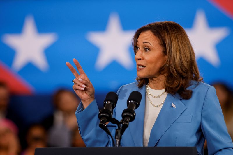 © Reuters. FILE PHOTO: U.S. Vice President and Democratic presidential candidate Kamala Harris speaks at an event at the Hendrick Center for Automotive Excellence in Raleigh, North Carolina, U.S., August 16, 2024. REUTERS/Jonathan Drake/File Photo