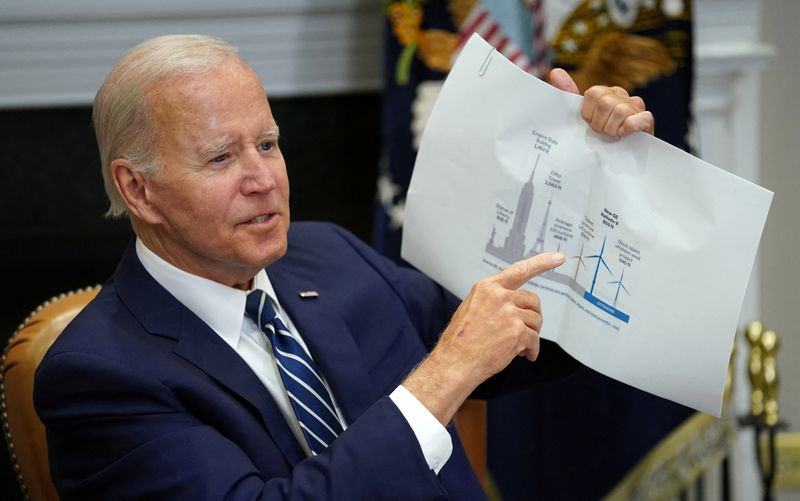 © Reuters. FILE PHOTO: U.S. President Joe Biden holds up a wind turbine size comparison chart while launching the Federal-State Offshore Wind Implementation Partnership, at the White House in Washington, U.S., June 23, 2022. REUTERS/Kevin Lamarque/File Photo