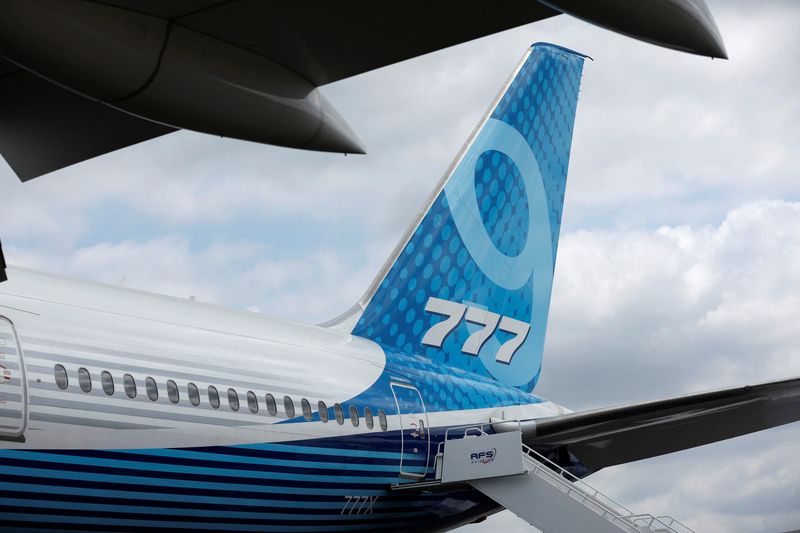 &copy; Reuters. FILE PHOTO: The tail of a Boeing 777X is displayed at the Farnborough International Airshow, in Farnborough, Britain, July 20, 2022.  REUTERS/Peter Cziborra/File Photo