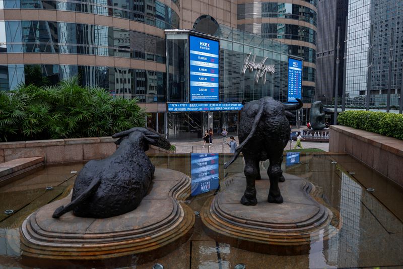 © Reuters. Bull statues are placed in font of screens showing the Hang Seng stock index and stock prices outside Exchange Square, in Hong Kong, China, August 18, 2023. REUTERS/Tyrone Siu/File Photo