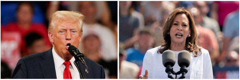 © Reuters. FILE PHOTO: A composite image shows Republican presidential candidate and former U.S. President Donald Trump speaking during a campaign rally with Republican Vice President Sen. JD Vance in Atlanta, Georgia, U.S., August 3, 2024. and the US Vice President and Democrat. Presidential candidate Kamala Harris speaks during a campaign event in Eau Claire, Wisconsin, U.S., August 7, 2024. REUTERS/Umit Bektas/Erica Dischino/File Photo