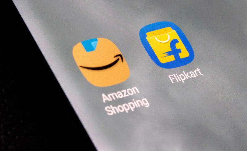 &copy; Reuters. FILE PHOTO: Amazon Shopping and Flipkart apps are seen on the smartphone in this picture illustration taken, July 30, 2021. REUTERS/Dado Ruvic/Illustration/File Photo