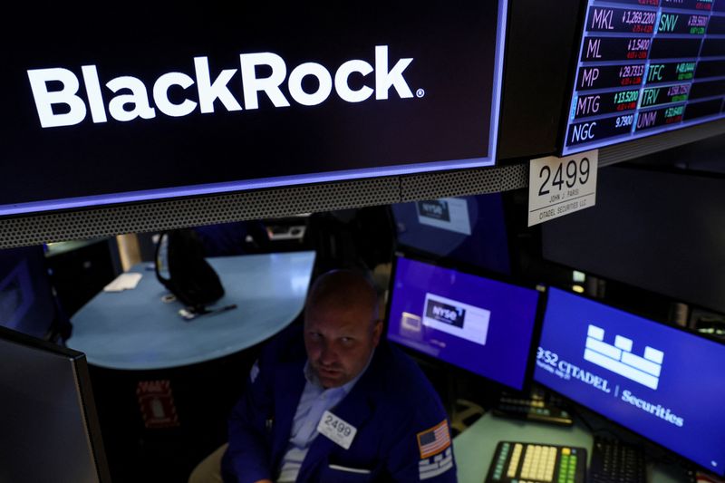 © Reuters. FILE PHOTO: A specialist trader works at the post where BlackRock is traded on the floor of the New York Stock Exchange (NYSE) in New York City, U.S., July 21, 2022.  REUTERS/Brendan McDermid/File photo