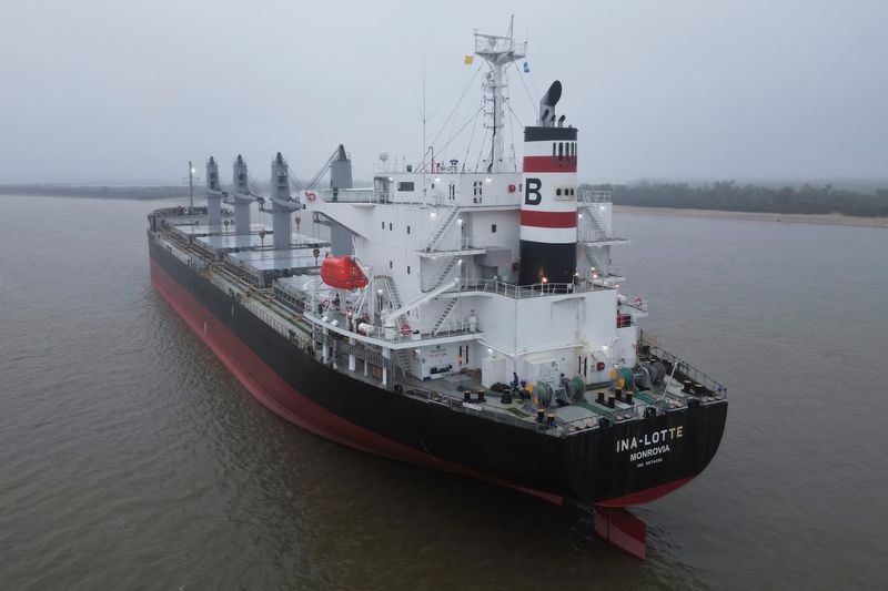 &copy; Reuters. Visão de drone de um navio de carga com bandeira da Libéria ancorado após as autoridades argentinas o colocarem em quarentena no Rio Paraná devido a um caso suspeito de mpox a bordon21/08/2024nREUTERS/Tomas Cuesta