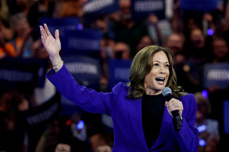 &copy; Reuters. U.S. Vice President and Democratic presidential nominee Kamala Harris speaks as she is filmed for a live broadcast into Chicago's Democratic National Convention (DNC), after delegates of each state delegation ended the roll call to once again nominate her