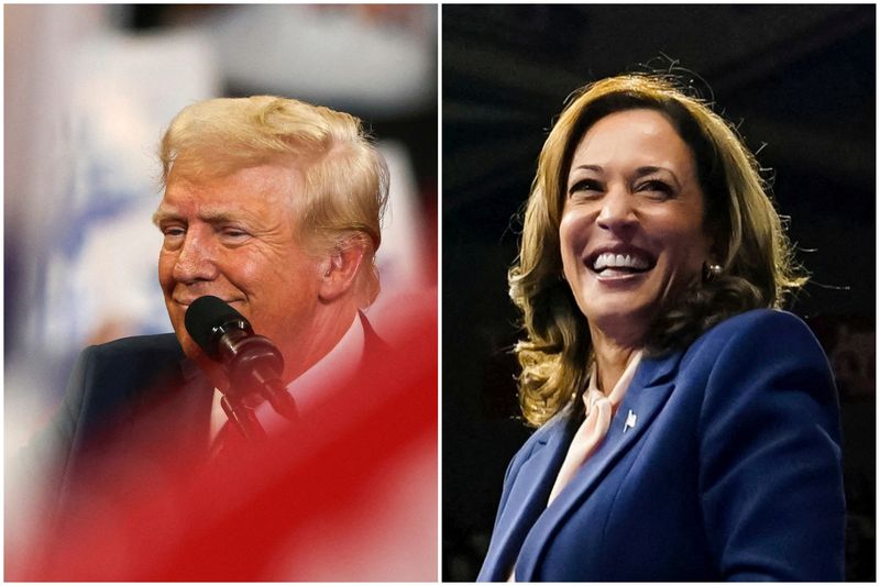 &copy; Reuters. Ex-presidente dos EUA e candidato republicano na eleição, Donald Trump, e vice-presidente e candidata democrata, Kamala Harrisn03/08/2024 e 06/08/2024nREUTERS/Umit Bektas/Elizabeth Frantz