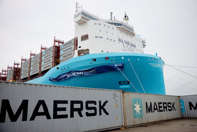 &copy; Reuters. FILE PHOTO: Danish shipping company AP Moeller - Maersk in Aarhus Harbor, Denmark August 9, 2024. Ritzau Scanpix/Mikkel Berg Pedersen via REUTERS/File Photo