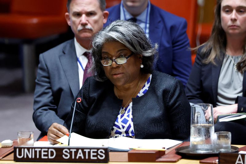 &copy; Reuters. A embaixadora dos EUA nas Nações Unidas, Linda Thomas-Greenfield, no Conselho de Segurança das Nações Unidas na sede da ONU na cidade de Nova York, EUAn13/08/2024nREUTERS/Eduardo Munoz