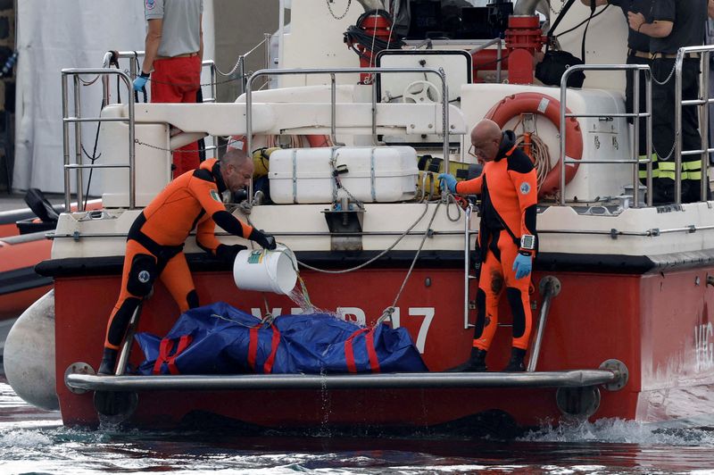 © Reuters. FILE PHOTO: Rescue personnel pour water on a body bag containing the body of British entrepreneur Mike Lynch, who died when a yacht owned by his family sank off the coast of Porticello near the Sicilian city of Palermo, Italy, August 22, 2024. REUTERS/Louiza Vradi/File Photo