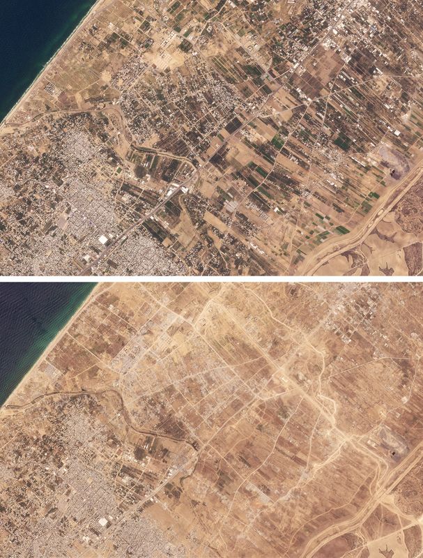 &copy; Reuters. Combinação de imagens de satélite mostra terras agrícolas, edifícios e estradas no centro de Gaza antes da invasão israelense do enclave palestino, em 06/10/2023 (acima) e a mesma área liberada pelos militares israelenses após invadir o enclave pa