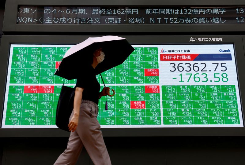 &copy; Reuters. A woman walks past an electronic stock quotation board outside a brokerage in Tokyo, Japan August 2, 2024. REUTERS/Issei Kato/File Photo