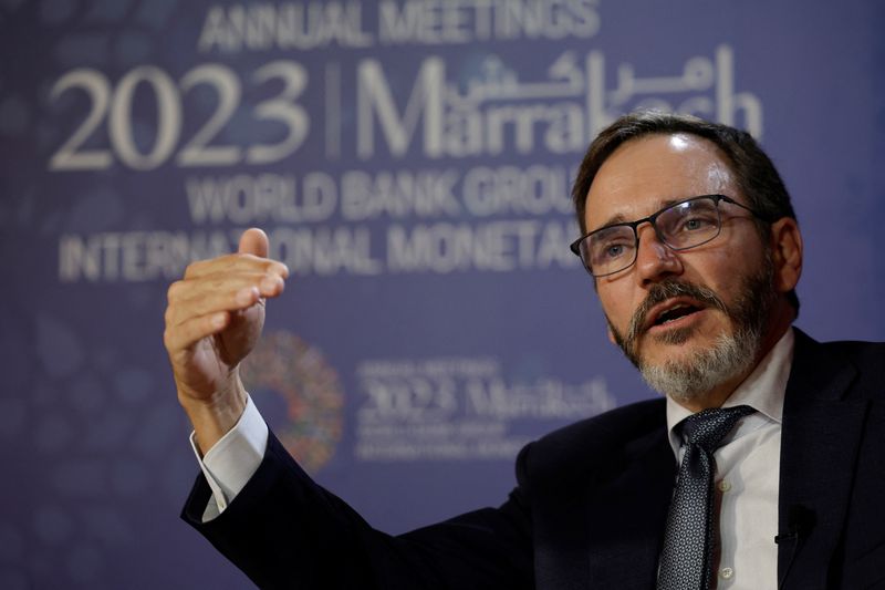 © Reuters. FILE PHOTO: Pierre-Olivier Gourinchas, Director and Economic Counsellor, Research Department IMF, speaks during an interview with Reuters on the first day of the annual meeting of the International Monetary Fund and the World Bank, in Marrakech, Morocco, October 9, 2023. REUTERS/Susana Vera/File Photo