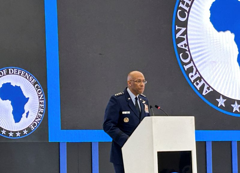 &copy; Reuters. U.S. Air Force General C.Q. Brown, chairman of the Joint Chiefs of Staff, speaks at a conference of African chiefs of defense in Gaborone, Botswana on June 25, 2024, the first time a chairman of the Joint Chiefs of Staff, the top U.S. military officer, ha