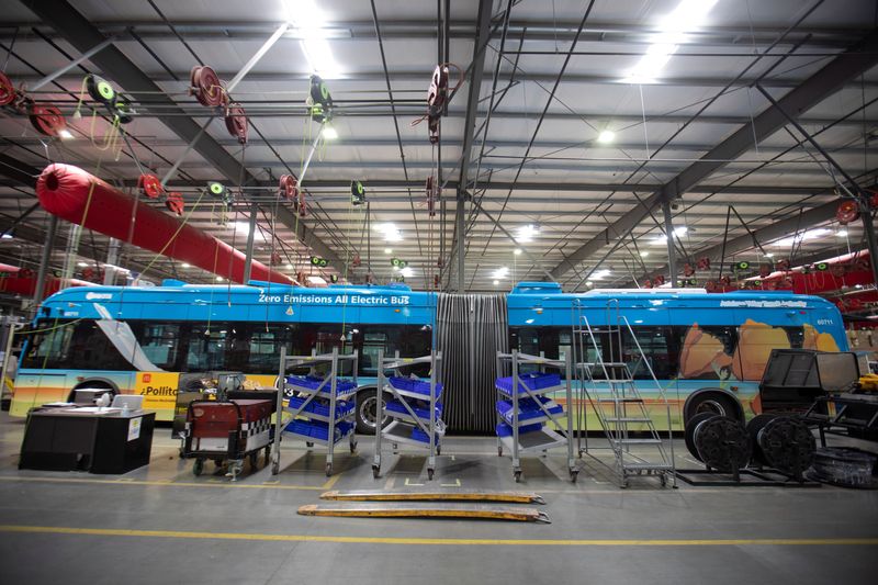 © Reuters. FILE PHOTO: Buses are shown being built at the BYD electric bus factory in Lancaster, California, U.S., July 1, 2021. Picture taken July 1, 2021.   REUTERS/Mike Blake/File Photo