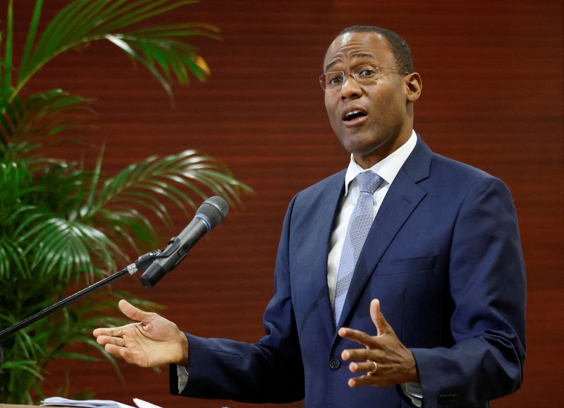 © Reuters. FILE PHOTO: Jamaica's Minister of Finance and the Public Service Nigel Clarke addresses the audience during a news conference on the alleged fraudulent activities of Kingston-based Stocks and Securities Ltd (SSL), in Kingston, Jamaica January 23, 2023.  REUTERS/Gilbert Bellamy/File Photo