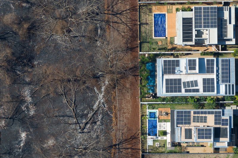 &copy; Reuters. A drone view shows of burnt vegetation next to a luxury condominium after a series of fires in plantations in Ribeirao Preto, Sao Paulo state, Brazil, August 26, 2024. REUTERS/Joel Silva 