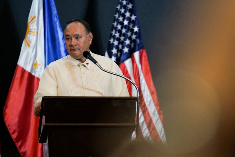 © Reuters. FILE PHOTO: Philippine Defence Minister Gilberto Teodoro speaks during their joint press conference at Camp Aguinaldo, in Quezon City, Metro Manila, Philippines, July 30, 2024. REUTERS/Lisa Marie David/File Photo