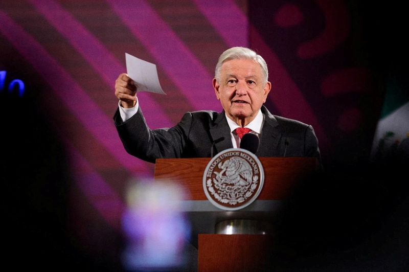 &copy; Reuters. FILE PHOTO: Mexican President Andres Manuel Lopez Obrador speaks about a statement from the U.S. Ambassador Ken Salazar to Mexico about a proposed judicial reform was disrespectful and said the U.S. had a history of "interventionist policy" in the America