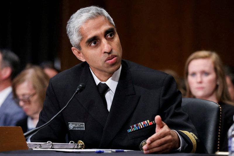 © Reuters. FILE PHOTO: U.S. Surgeon General Vivek Murthy speaks during a Senate Health, Education, Labor and Pensions Committee hearing entitled 