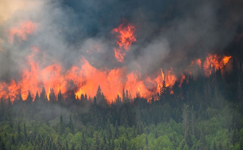 © Reuters. FILE PHOTO: Flames reach upwards along the edge of a wildfire as seen from a Canadian Forces helicopter surveying the area near Mistissini, Quebec, Canada June 12, 2023.   Cpl Marc-Andre Leclerc/Canadian Forces/Handout via REUTERS/File Photo