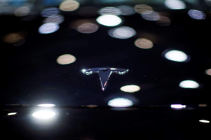 &copy; Reuters. FILE PHOTO: A Tesla logo is seen on the body of its electric vehicle (EV) during a media day for the Auto Shanghai show in Shanghai, China April 20, 2021. REUTERS/Aly Song/File Photo