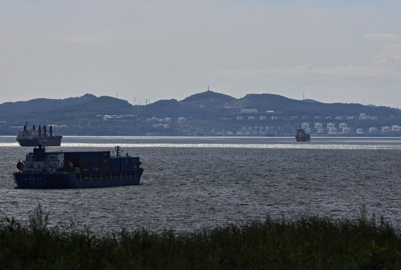 © Reuters. FILE PHOTO: A container ship sails along Nakhodka Bay near the oil terminal in the port city of Nakhodka, Russia August 12, 2022. REUTERS/Tatiana Meel/File Photo