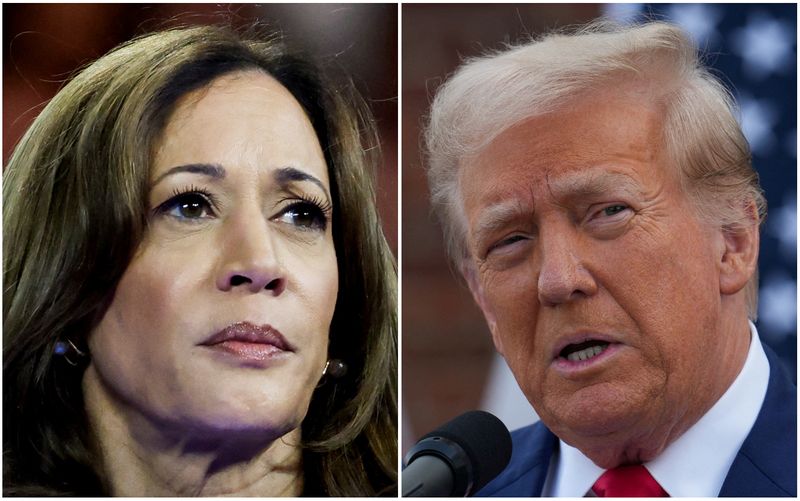 &copy; Reuters. U.S. Vice President Kamala Harris in Milwaukee, Wisconsin, U.S. August 20, 2024 and former U.S. President Donald Trump in Bedminster, New Jersey, U.S., August 15, 2024 are seen in a combination of file photographs. REUTERS/Marco Bello, Jeenah Moon/ File P