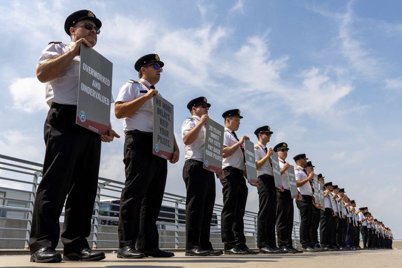 &copy; Reuters. FILE PHOTO: Air Canada pilots represented by the Air Line Pilots Association, Int’l (ALPA), who voted to authorize a strike, hold an informational picket at Toronto Pearson International Airport in Mississauga, Ontario, Canada August 27, 2024.  REUTERS/