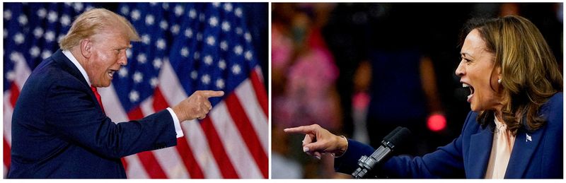 © Reuters. FILE PHOTO: A combination picture shows Republican presidential nominee and former U.S. President Donald Trump gesturing during a rally with his vice presidential running mate U.S. Senator JD Vance in St. Cloud, Minnesota, U.S., July 27, 2024, and U.S. Vice President and Democratic presidential candidate Kamala Harris speaking as she holds a campaign rally with her newly chosen vice presidential running mate Minnesota Governor Tim Walz in Philadelphia, Pennsylvania, U.S., August 6, 2024. REUTERS/Carlos Osorio/Elizabeth Frantz/File Photo