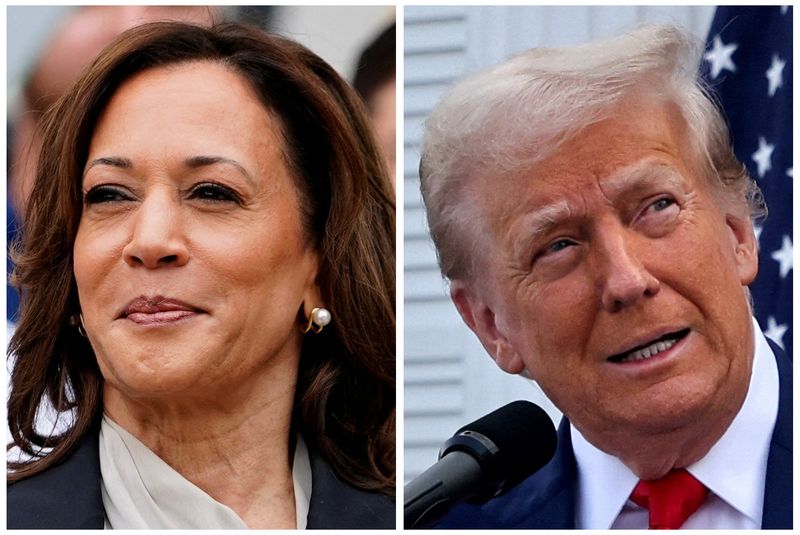 &copy; Reuters. FILE PHOTO: U.S. Vice President Kamala Harris at the White House, Washington, U.S., July 22, 2024 and former U.S. President Donald Trump in Bedminster, New Jersey, U.S., August 15, 2024 in a combination of file photographs. REUTERS/Nathan Howard, Jeenah M