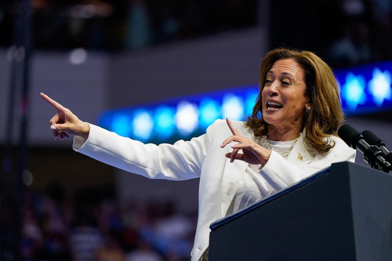 © Reuters. Democratic presidential nominee and U.S. Vice President Kamala Harris gestures as she delivers remarks at a campaign rally in Savannah, Georgia, U.S., August 29, 2024. REUTERS/Elizabeth Frantz