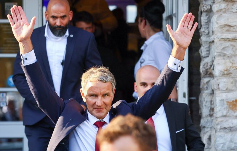 © Reuters. Right-wing Alternative for Germany (AfD) top candidate Bjoern Hoecke reacts on the day of the Thuringia state election in Erfurt, Germany, September 1, 2024. REUTERS/Wolfgang Rattay