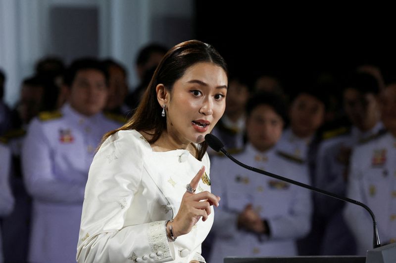 &copy; Reuters. FILE PHOTO: Thailand's Prime Minister Paetongtarn Shinawatra speaks during a press conference at the Pheu Thai party headquarters following a royal endorsement ceremony in Bangkok, Thailand, August 18, 2024. REUTERS/Chalinee Thirasupa/File Photo