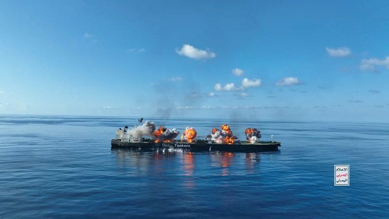 &copy; Reuters. FILE PHOTO: Explosions take place on the deck of the Greek-flagged oil tanker Sounion on the Red Sea, in this handout picture released August 29, 2024. Houthi Military Media/Handout via REUTERS/File Photo