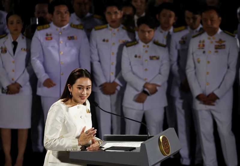 &copy; Reuters. FILE PHOTO: Thailand's Prime Minister Paetongtarn Shinawatra speaks during a press conference at the Pheu Thai party headquarters following a royal endorsement ceremony in Bangkok, Thailand, August 18, 2024. REUTERS/Chalinee Thirasupa/File Photo