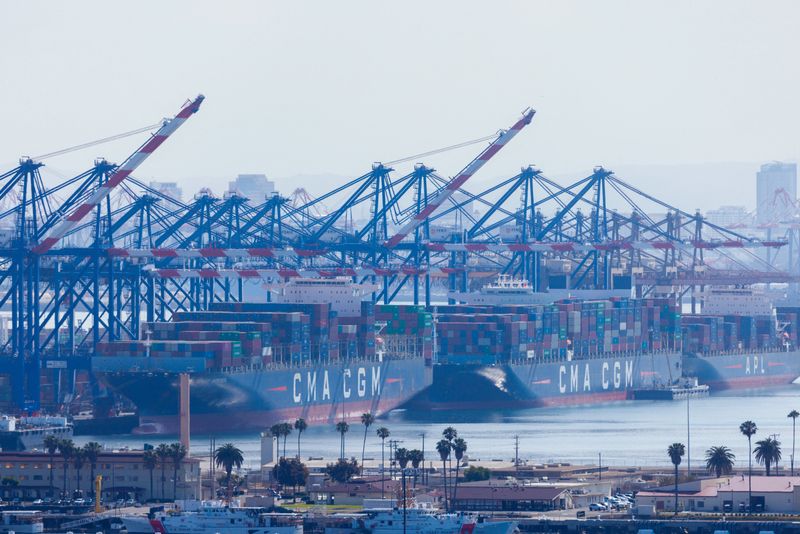 © Reuters. Container ships are shown at the Port of Los Angeles from San Pedro, California, U.S., June 23, 2023.   REUTERS/Mike Blake