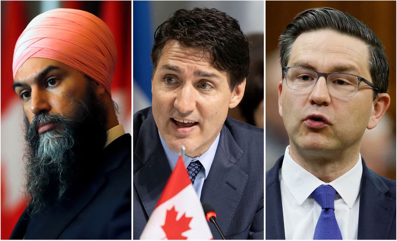 © Reuters. Canada's New Democratic Party leader Jagmeet Singh in Ottawa, Ontario, Canada March 22, 2022, Prime Minister Justin Trudeau in Lucerne, Switzerland, June 16, 2024 and Conservative Party of Canada leader Pierre Poilievre in Ottawa, Ontario, Canada April 19, 2023 in a combination of file photographs. REUTERS/Patrick Doyle, Pool, Blair Gable