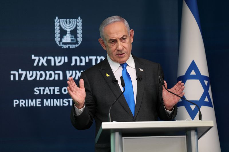 &copy; Reuters. Israeli Prime Minister Benjamin Netanyahu speaks during a press conference for the international media at the Government Press office in Jerusalem, 04 September 2024. ABIR SULTAN/Pool via REUTERS