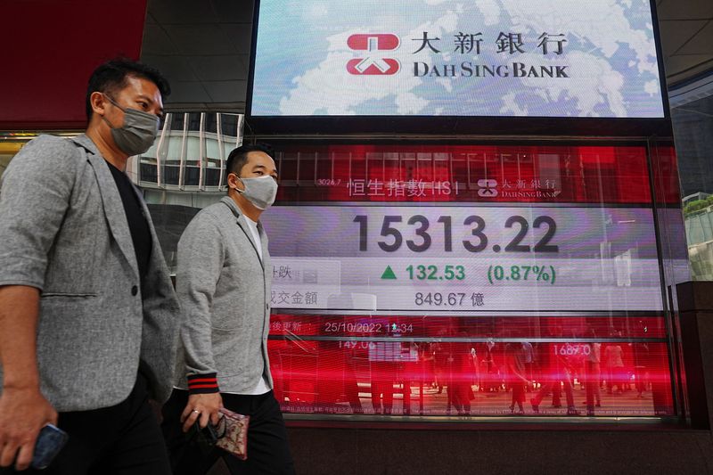 &copy; Reuters. Pessoas passam em frente a painel que mostra o índice acionário Hang Seng, de Hong Kong, no distrito central de Hong Kongn25/10/2022 REUTERS/Lam Yik