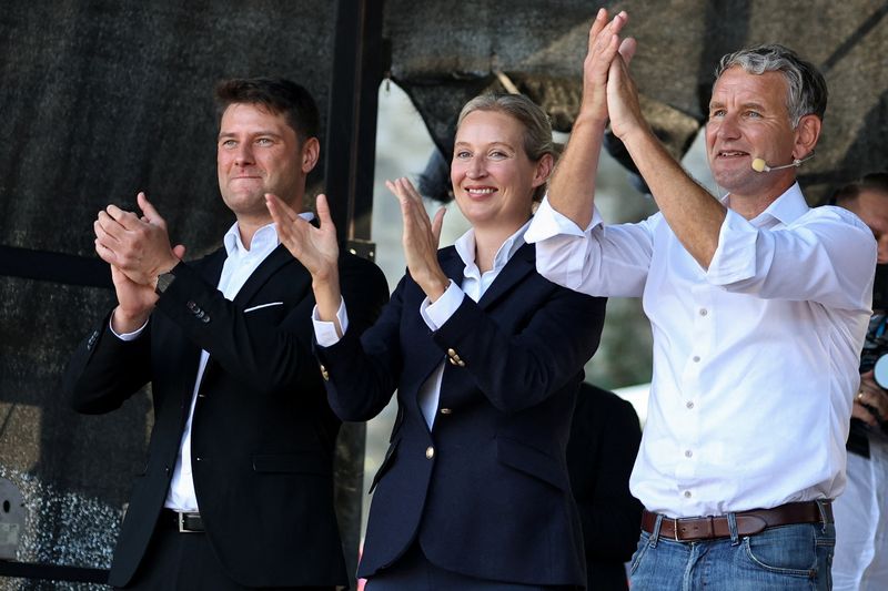 © Reuters. FILE PHOTO: Germany's Alternative for Germany (AfD) party co-leader Alice Weidel and AfD leader in Thuringia state Bjoern Hoecke applaud during an election campaign rally for the Thuringia state elections, in Erfurt, Germany August 31, 2024. REUTERS/Karina Hessland/File Photo