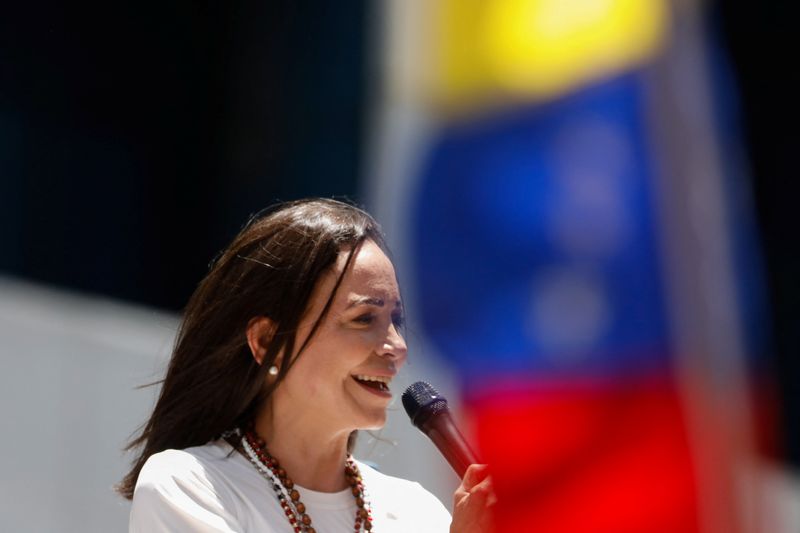 &copy; Reuters. FILE PHOTO: Venezuelan opposition leader Maria Corina Machado speaks during a protest against the election results announced by President Nicolas Maduro's government after he was declared winner of the election, in Caracas, Venezuela August 28, 2024. REUT